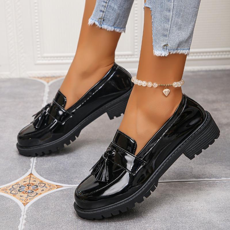 Damen Casual Slipper Frühling und Herbst Plateau Englischer Stil Quaste Flache Sohle Mary Jane Tief ausgeschnittene Schuhe Zapatos De Mujer