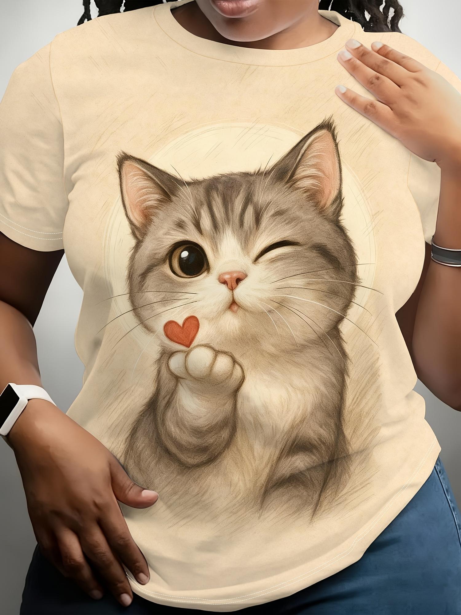 Heart-Shaped Cute Cat Print Short Sleeve T-Shirt. Soft And Cute. Comforting Loose Fit Round Neck Top. Women S Clothing. Women S Digital Print Short Sl S дубильная кора