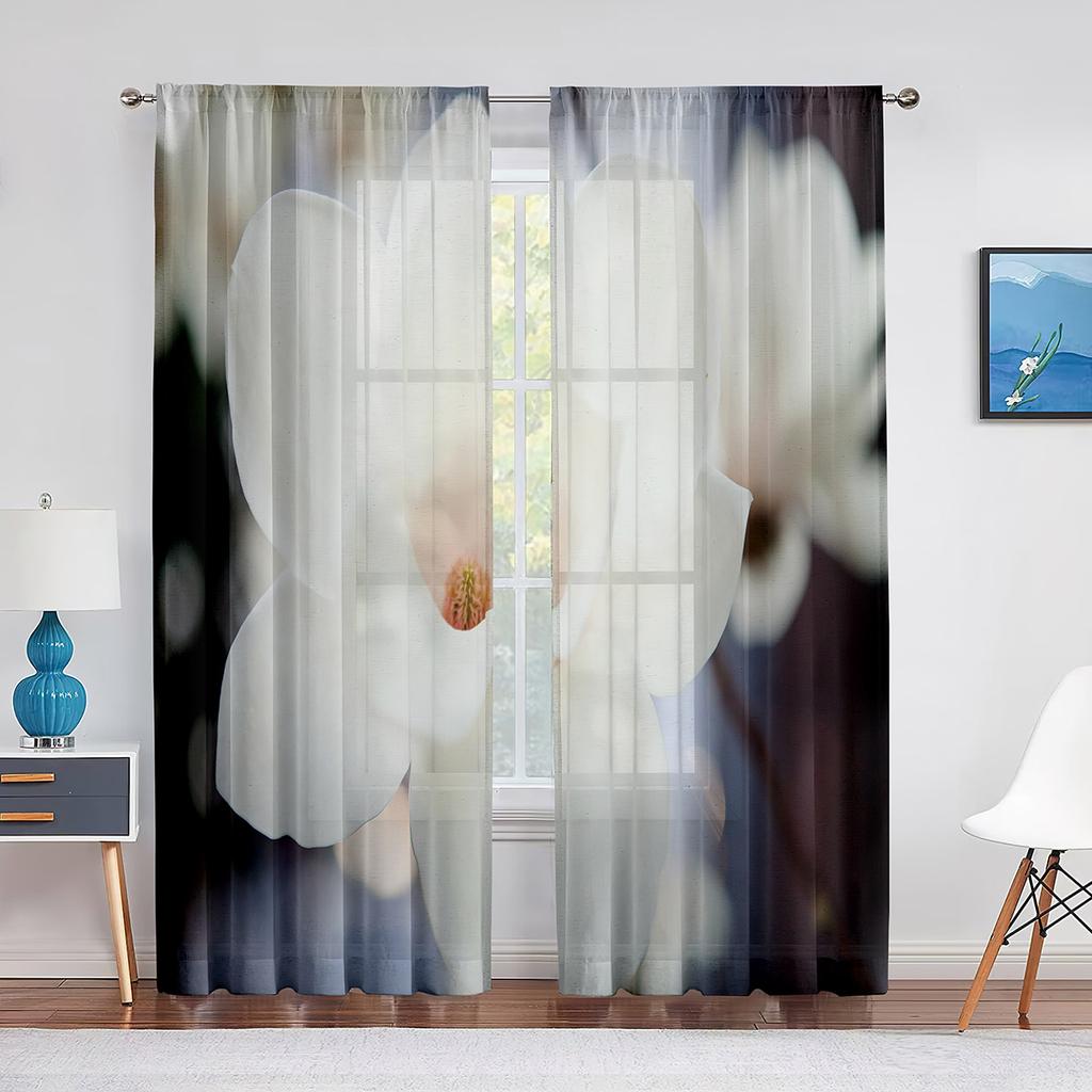Weißer transparenter Vorhang mit Magnolienblumenmuster für Wohnzimmer, Küche, Fenster, Schlafzimmer, Dekoration, Blumen-Voile, zum Aufhängen, eleganter Tüllvorhang