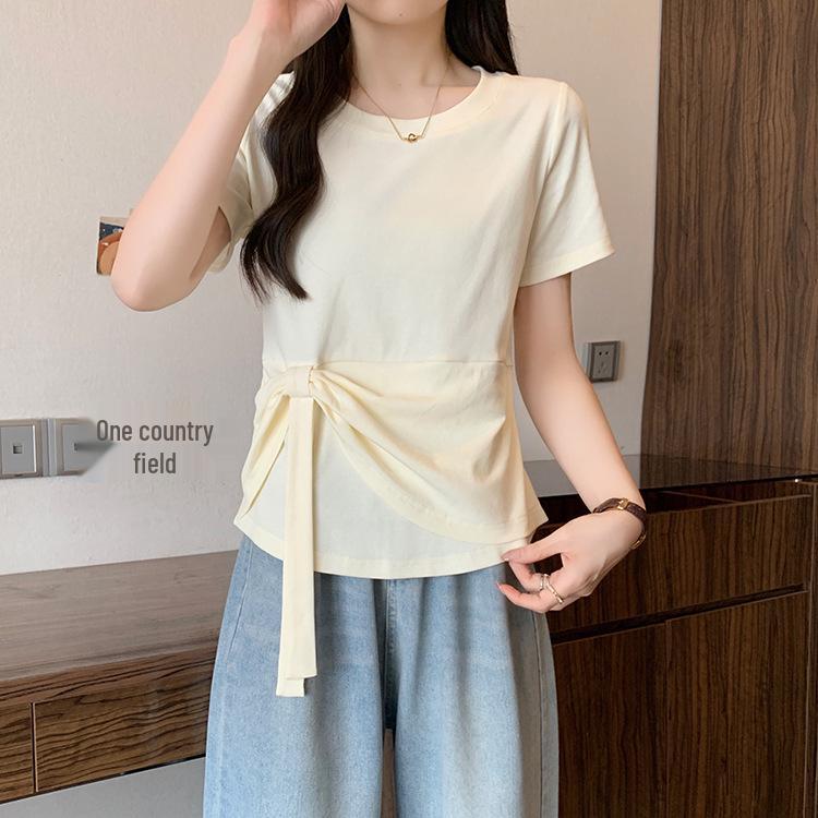 

Plus Size Women s French Casual Round Neck Patchwork Ribbon Short Sleeve T-shirt 3XL абрикосовий