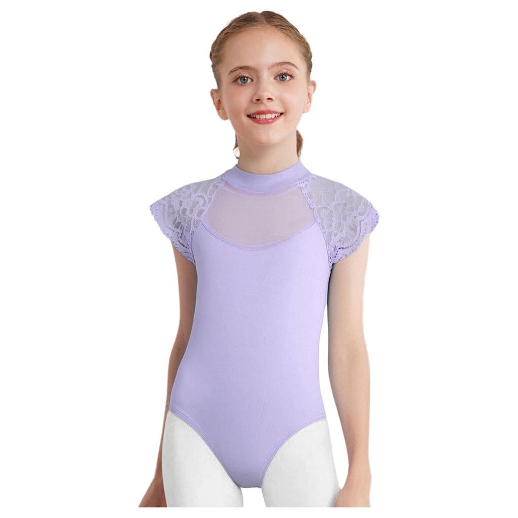Girls Lace Cap Sleeves Dance Leotard Sheer Mesh Patchwork Cutout Bodysuit for Ballet Practice Exam