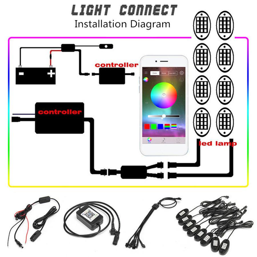 8 Pcs RGB LED Car SUV Chassis Decoration Lights Rock Lamps Bluetooth APP Control