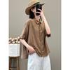 Literary and retro style linen shirt women's summer temperament commuting solid color versatile lapel cotton and linen five-quarter sleeve top women