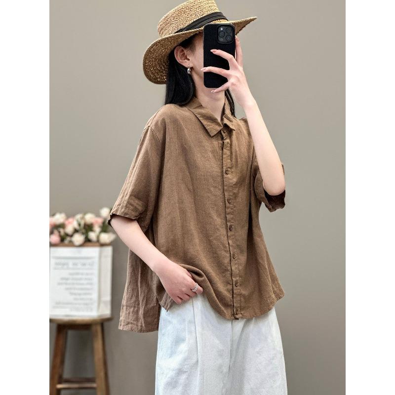 Literary and retro style linen shirt women's summer temperament commuting solid color versatile lapel cotton and linen five-quarter sleeve top women