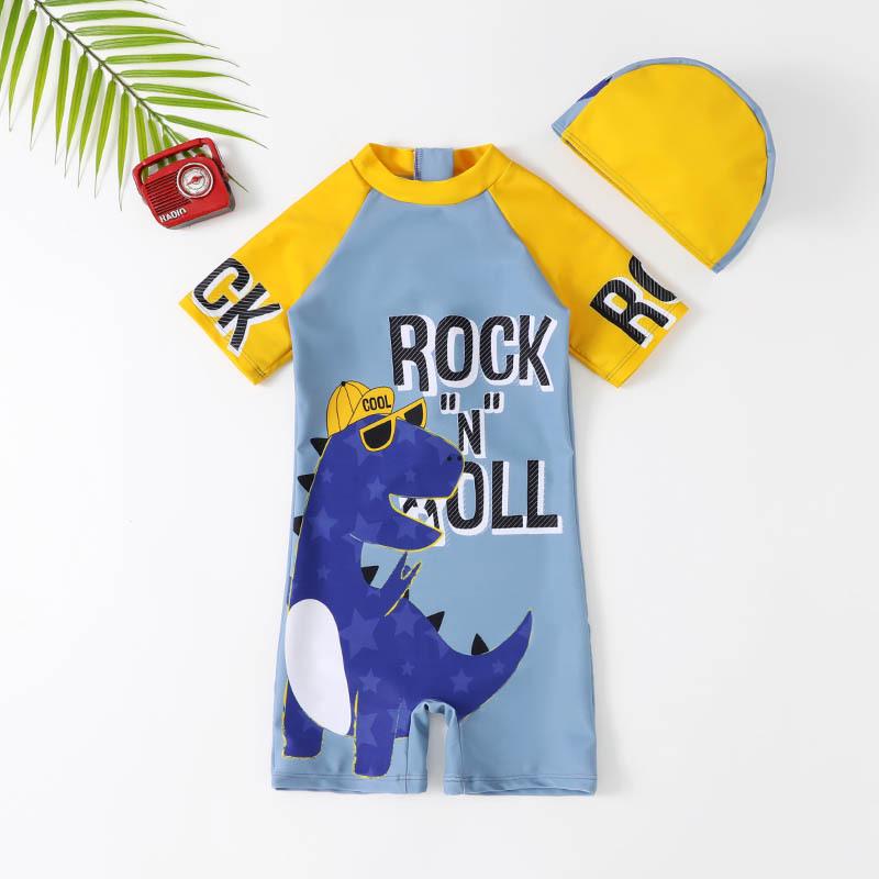 

2024 Мультяшный Милый Мальчиковый Слитный Купальник с Коротким Рукавом - Консервативный Летний Купальник 4 Years серый