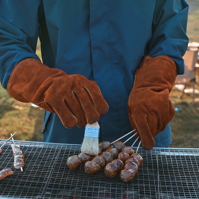 Extra Long Flame Retardant Cowhide BBQ Gloves - Heat Resistant Up To 500°F - Anti-Scald Protection for Baking, Oven, Boiler, and Grilling