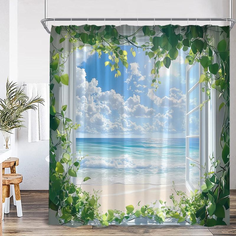 Dusk Ocean View Shower Curtains Brown Window Wooden Door Beach Sea Waves Scenery Fabric Home Bathroom Curtain Decor With Hooks