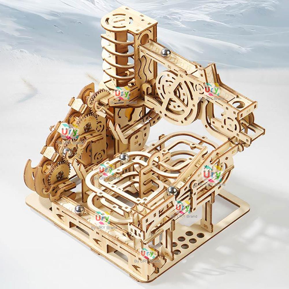 Ury 3D Wooden Puzzles Electric Catapult Track Device Marble Run Set Mechanical Model Science Maze 7 Balls Assembly Gift For Kids