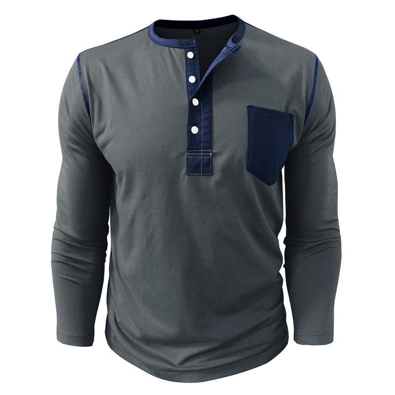 Mens Contrast Color Pocket Long Sleeve Crew Neck Henley Casual T Shirt