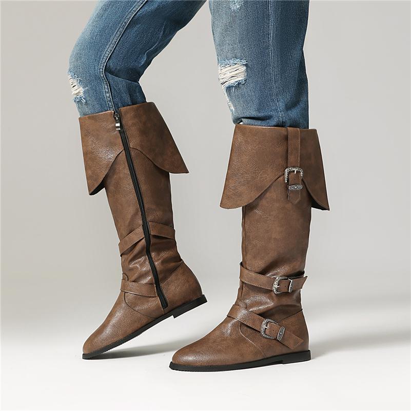 Women Knee High Boots Round Toe Flats Buckle Zippers Long Boots Concise Ladies Fashion Shoes Autumn Winter Black Khaki 46