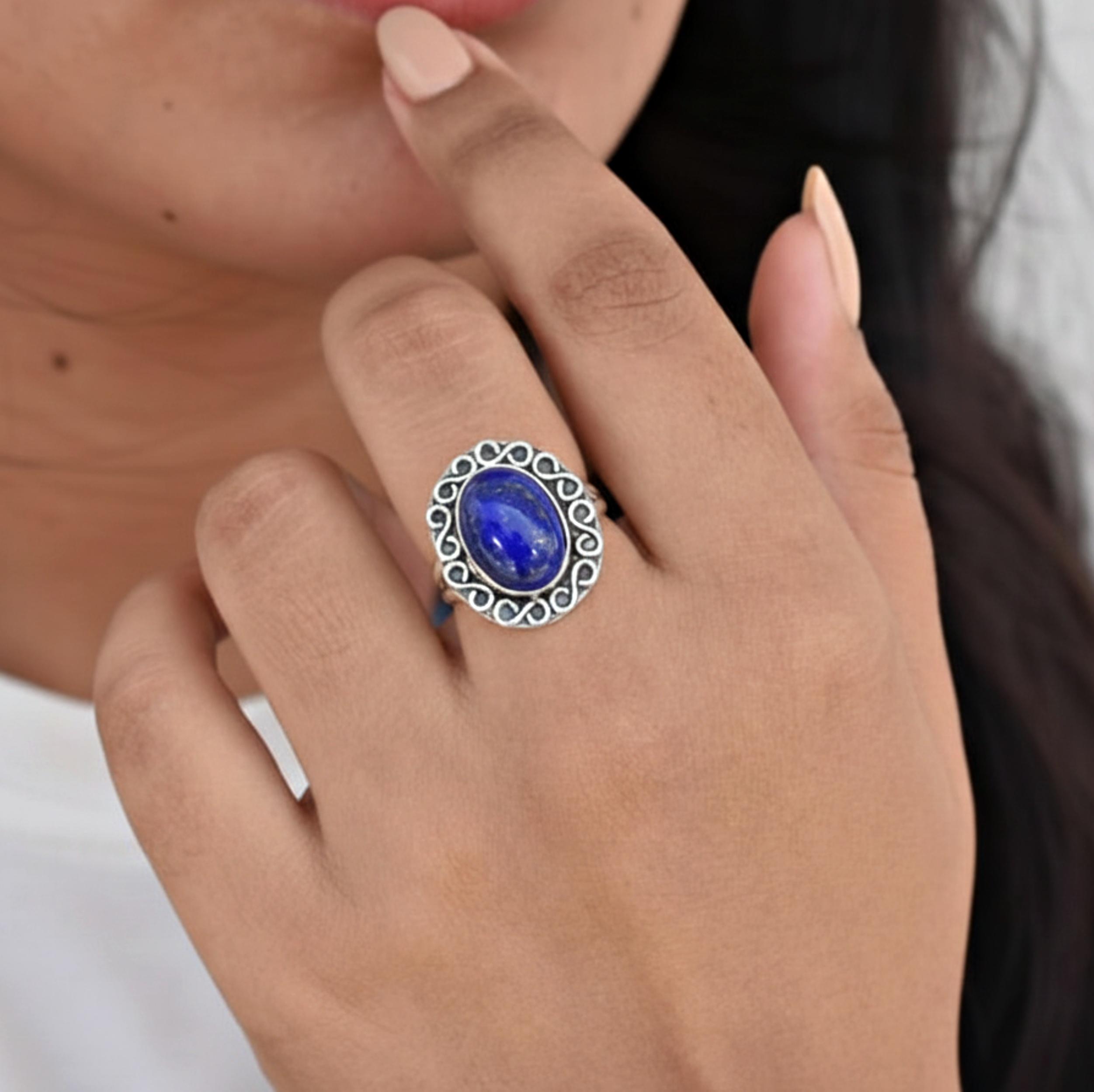 

Lapis Lazuli Flower Statement Ring, 925 Sterling Silver, Minimalist Floral Ring for Women 12 срібний