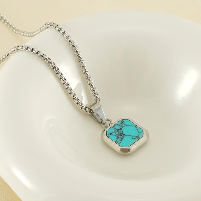 Hot-selling Titanium Steel Hip-hop Turquoise Pendant Men's and Women's Geometric European and American Fashion Non-fading Necklace Jewelry