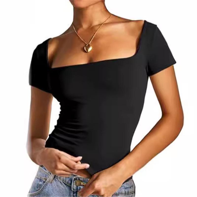 

Summer Slimming Square Neck Milk Silk T-Shirt: Trendy European & American Style for Young Women Extra Small