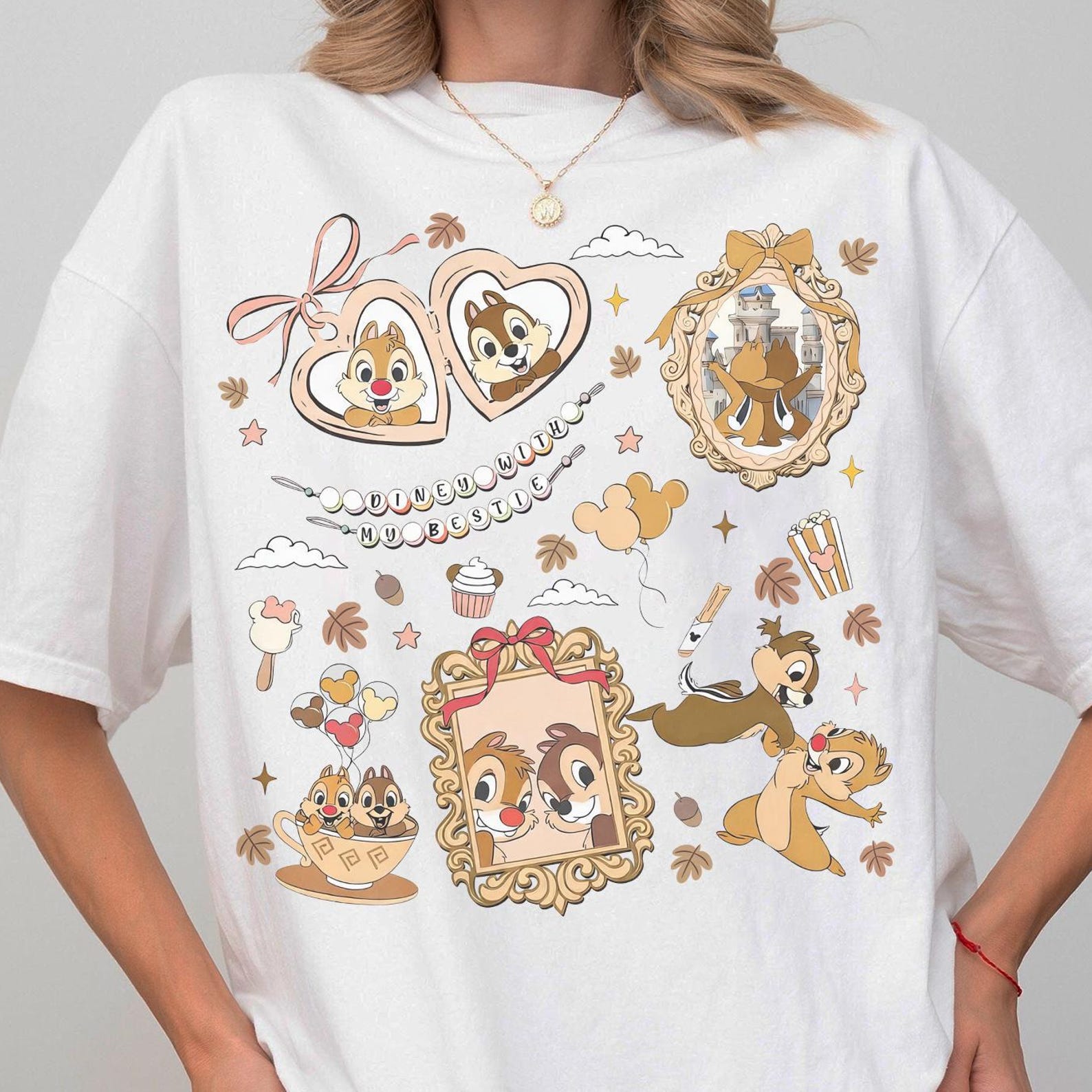 Coquette Bows Chip N Dale Disney With My Bestie Shirt, Chip N Dale Bow Mirror Tee, Disneyland Family Matching Trip Shirts, Magic Kingdom Tee M