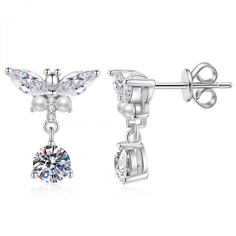 Sterling Mini Butterfly Stud Earrings With Moissanite Pearl Beads Lightweight Elegant Daily Wear Jewelry Women 925 Sterling Silver
