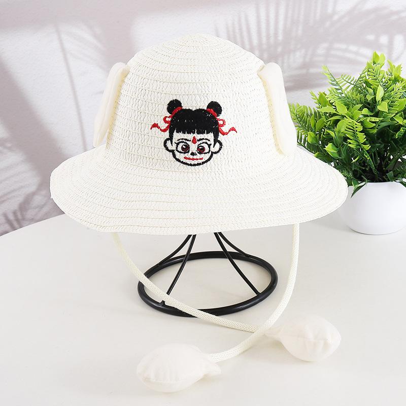 Ears move rabbit hat scenic cartoon cute children's straw hat summer sun protection Nezha sun hat airbag hat