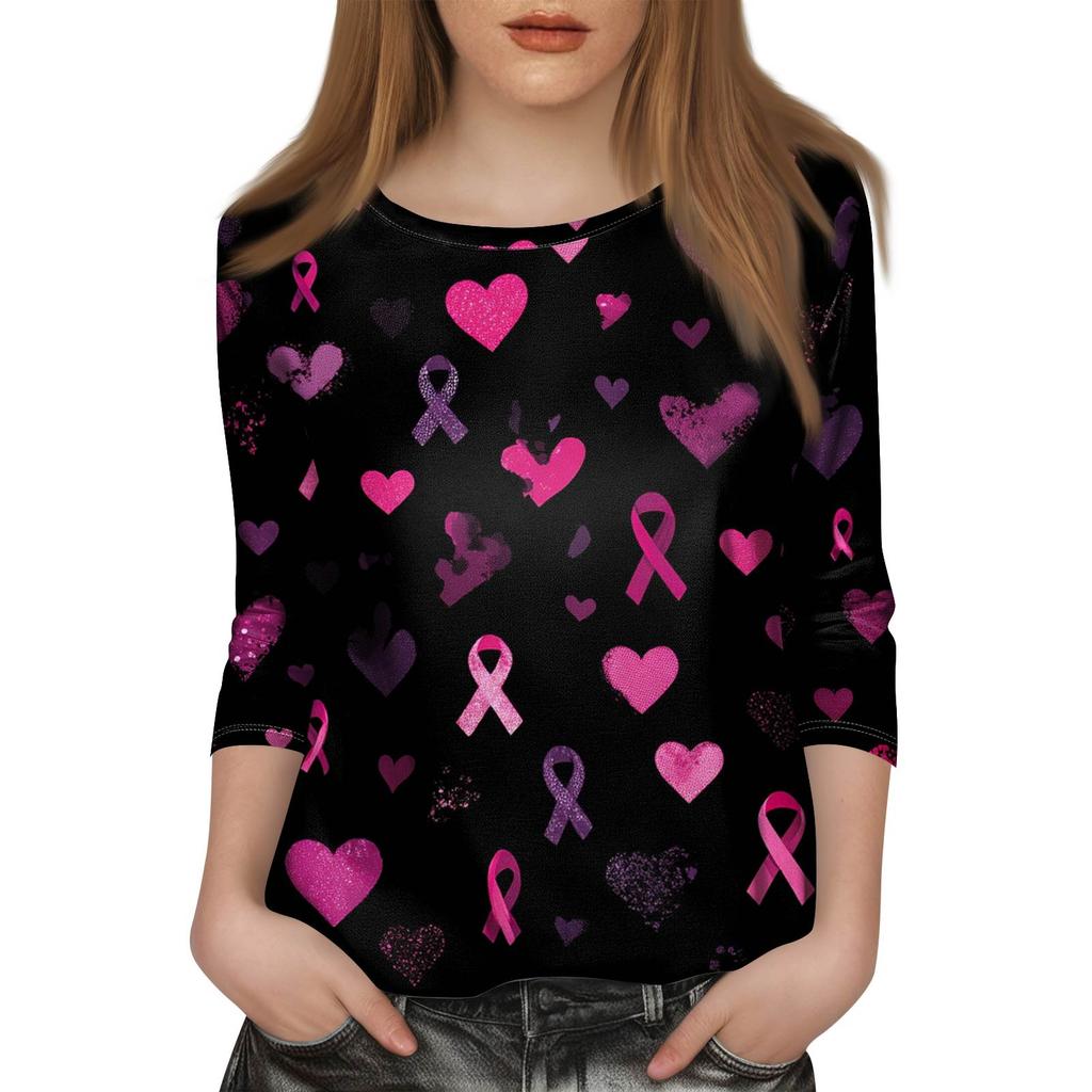 Women's Fashion Casual Seven Split Sleeve Printed Loose Round Neck Top