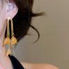 Women French Style Dangle Earrings 14K Real Gold Plated Copper Hollow Metal Flower Petal Long Chain Tassel Fashion Jewelry