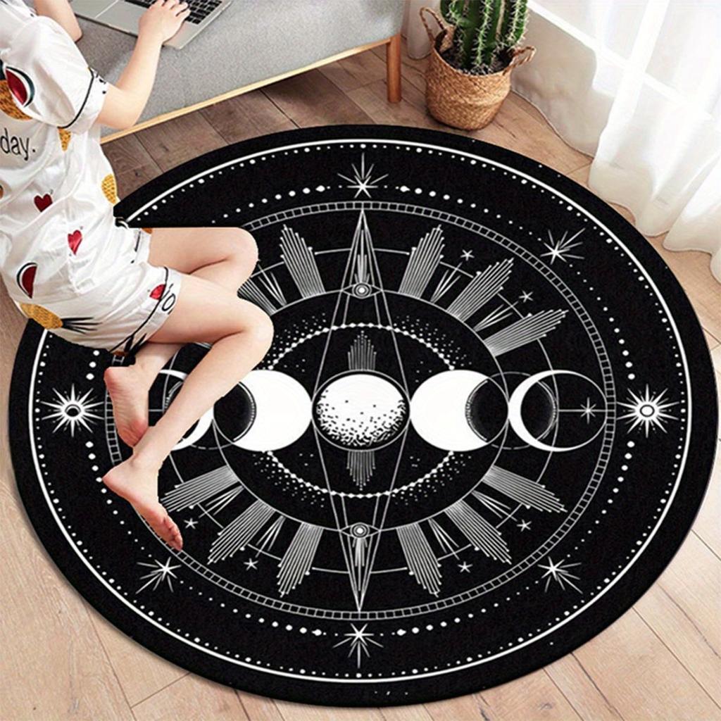 1pc Gothic Moon Phase Round Rug - Polyester Crystal Velvet, Non-slip, Washable Indoor Rug for Bedroom, Living Room