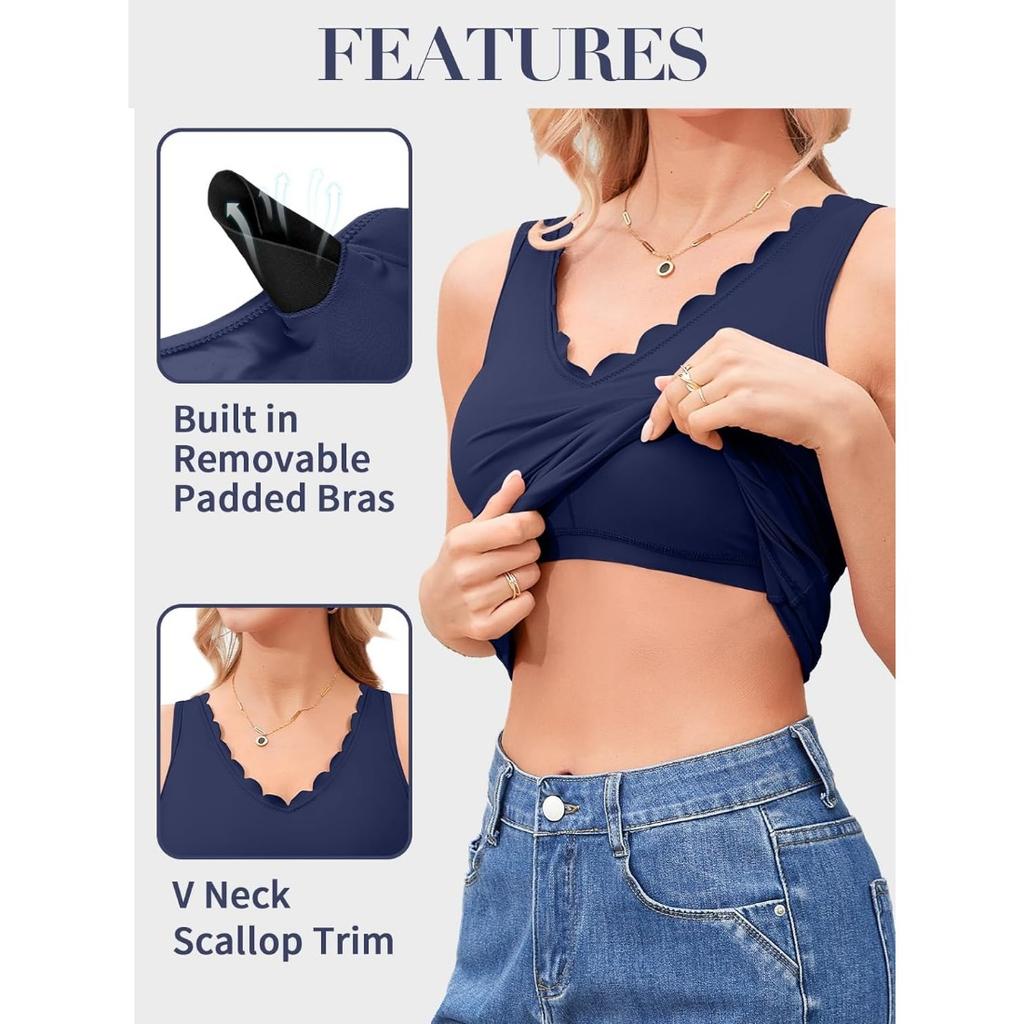 CHARMLEAKS Women's V Neck Tank Tops with Built In Bras Summer Scallop Trim Camisole Top Basic Undershirt