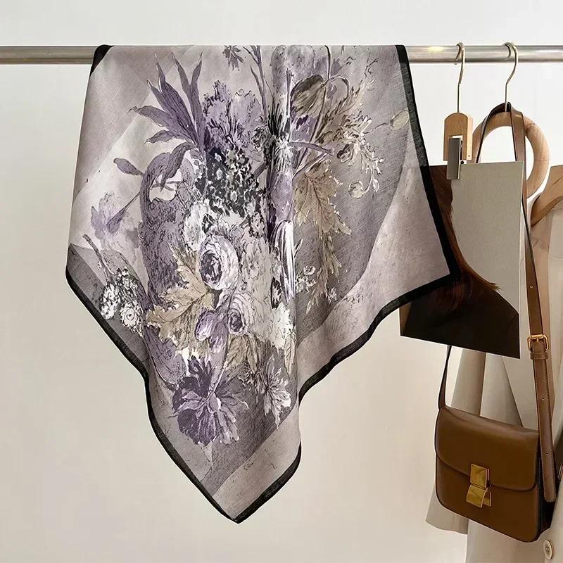 2024 Luxury Animals Floral Print 70cm Cotton Velvet Square Scarf for Women Soft Neckerchief Lady Hijab Neck Tie Hair Headbands