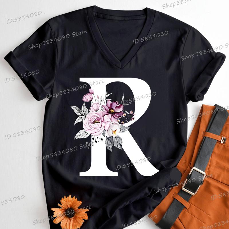 Letter B Floral T Shirts Women English Alphabet Birthday Gift Women 26 Initials Flower Classic Tops Tees Alphabet Floral Tshirt