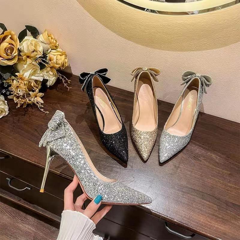 Silver Crystal High Heels Women's Slim Heels Age Into Dress Temperament Bow Light Mouth Wedding Shoes Bride Shoes