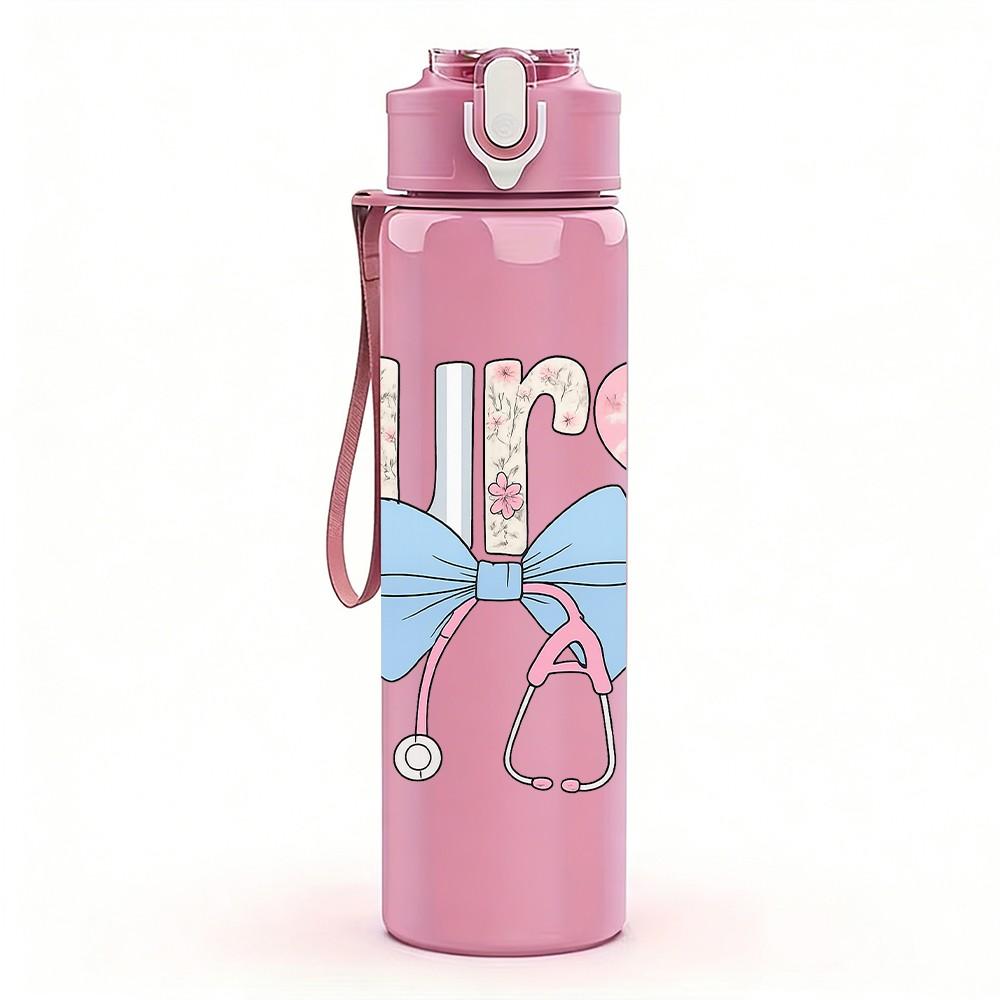 1PC Bling Nurse Bow Letter 750ml Color Plastic Sports Water Bottle Leakproof Flip Straw Lid Suitable for Sports Office Home Use