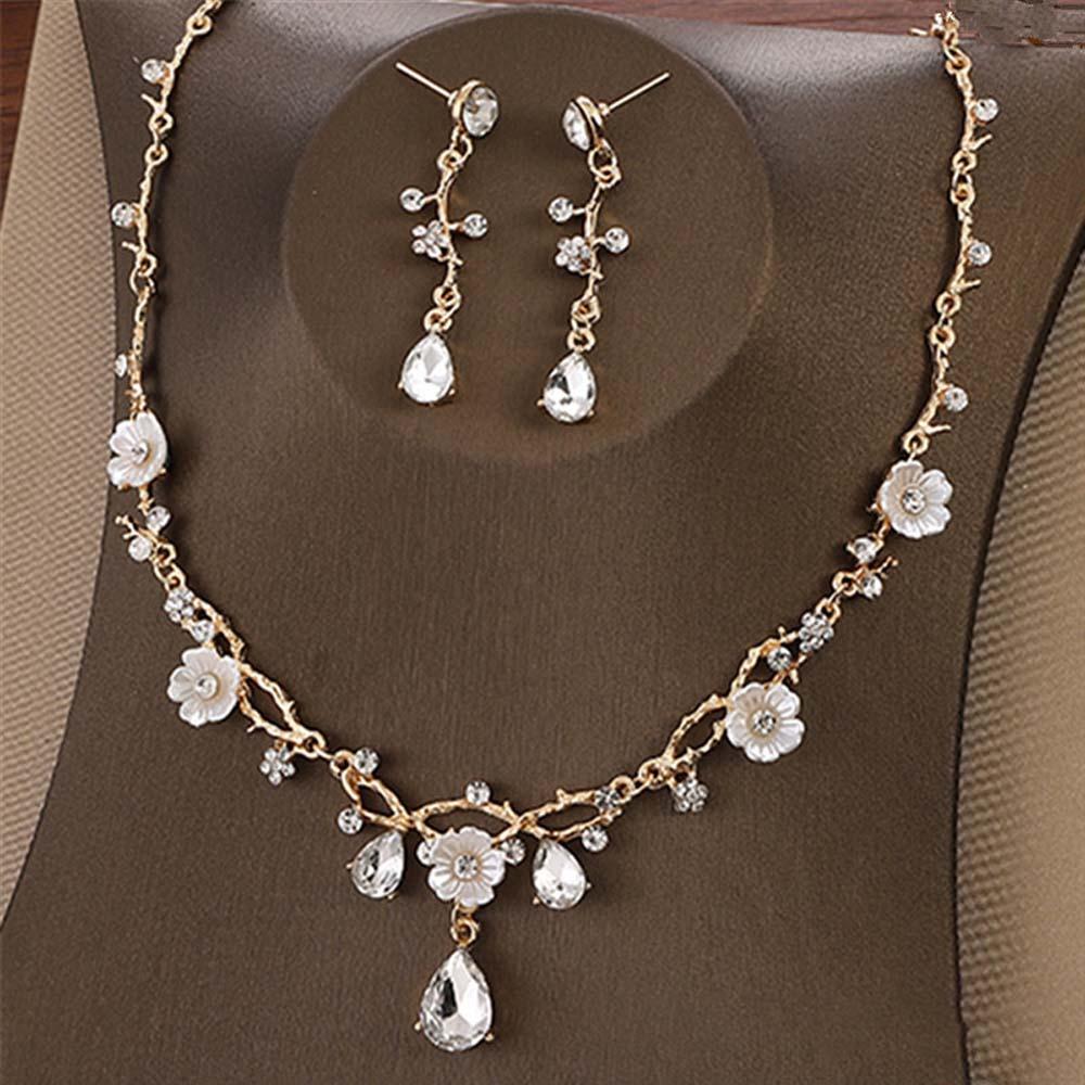 Shiny Bridal Jewelry Set Flower Rhinestone Necklace Earrings Dangle Earrings Luxury Jewelry  Women