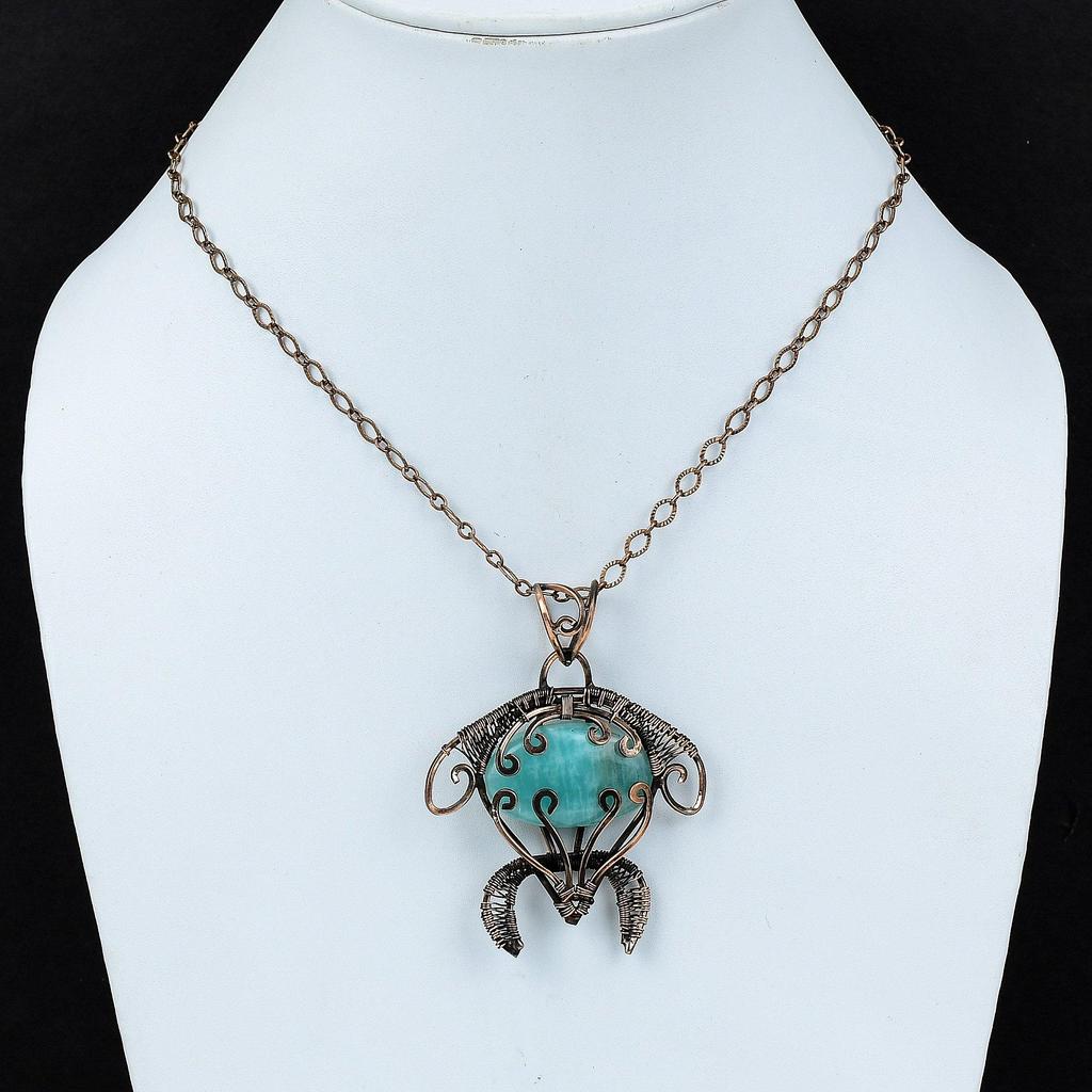 Amazonite  Pendant Copper Wire Wrapped Pendant Amazonite Gemstone Jewelry Tortoise Pendant Copper Wire Jewelry Handmade Pendant Gift For Him