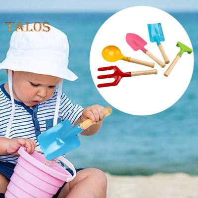 Pala da spiaggia per bambini, attrezzi da giardinaggio con manico in legno, cucchiaio, forchetta, cazzuola, rastrello, giocattoli per la sabbia da spiaggia, attrezzatura da giardinaggio