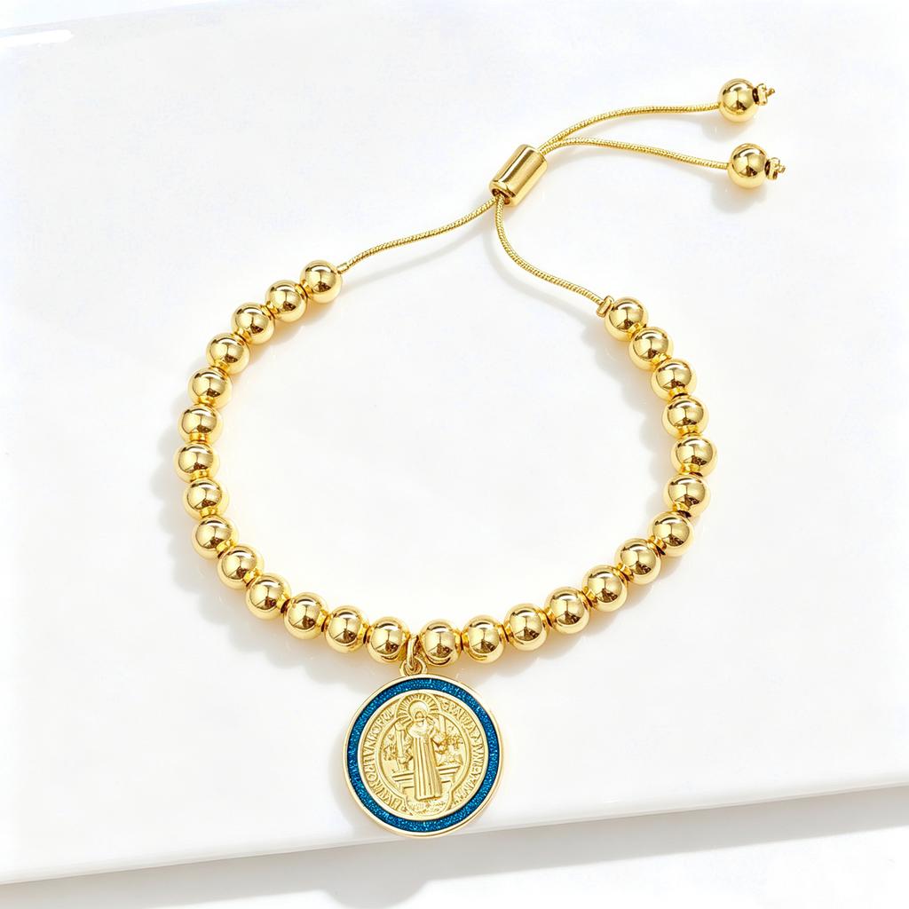 Gold-Plated 6mm Copper Bead Chain St. Benedict Pendant Adjustable Bracelet New Trend for Women's Daily Party Jewelry Accessory