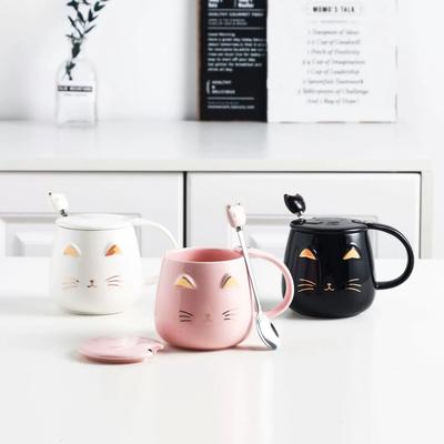 Hochwertige kreative Katze Tasse Keramiktasse mit Deckel Löffel Kaffeetasse Dreidimensionales Relief Katzenohren Schwarz Rosa Weiß Keramiktasse