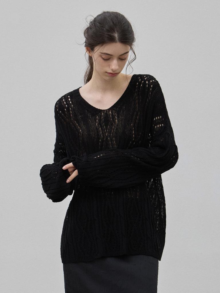 LE STUDIO Scallop Multi-Neck Summer Knit Black