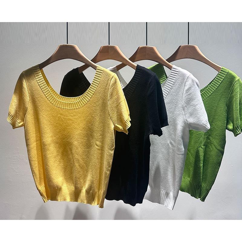Women's Summer Thin Knitted Top, Slim Fit Short Sleeve Crew Neck T-Shirt