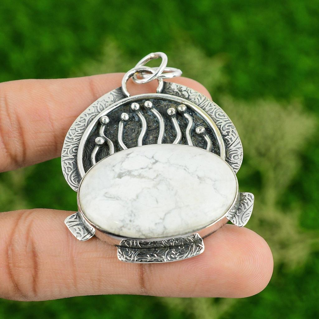 Daughters Day Sale Oval Howlite Stone 925 Silver Crown Chakra Bezel New Pendant