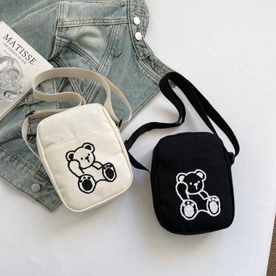Cute Bear Embroidery Shoulder Bag for Women, Versatile Single Strap Crossbody Phone Pouch, Casual Student Canvas Handbag