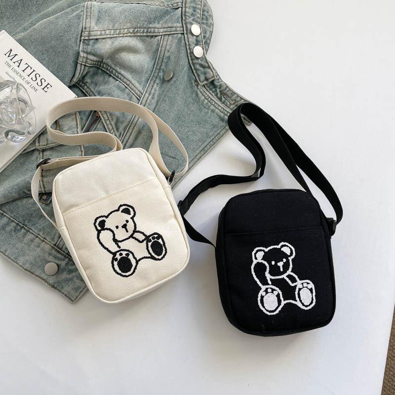 Cute Bear Embroidery Shoulder Bag for Women, Versatile Single Strap Crossbody Phone Pouch, Casual Student Canvas Handbag