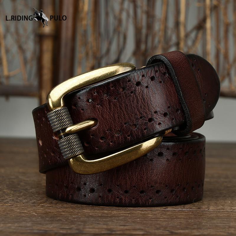 Retro Fashion Personality Trend All-match Hollow First Layer Cowhide Pin Buckle Belt Men's Genuine Leather Jeans Belt