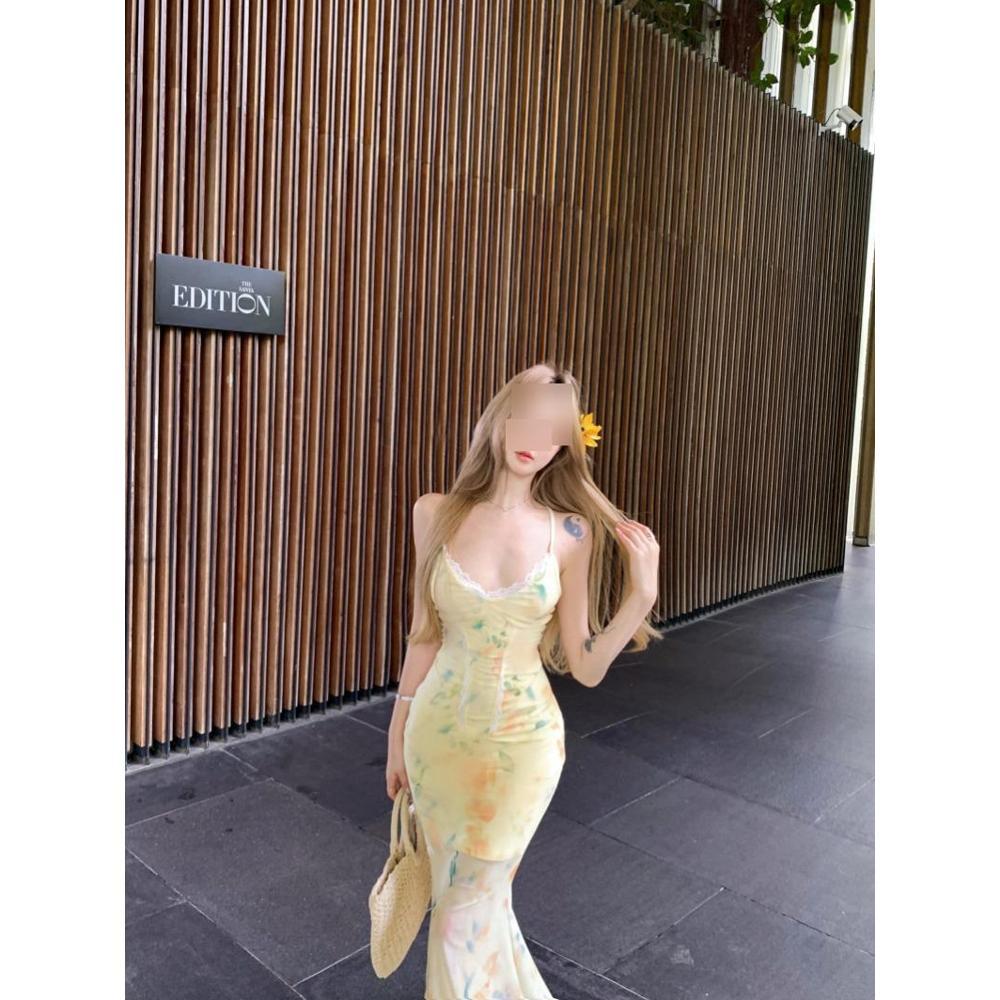 Elegant vacation V-neck chest fishbone waist double-layer mesh slightly transparent floral tether suspender hip dress