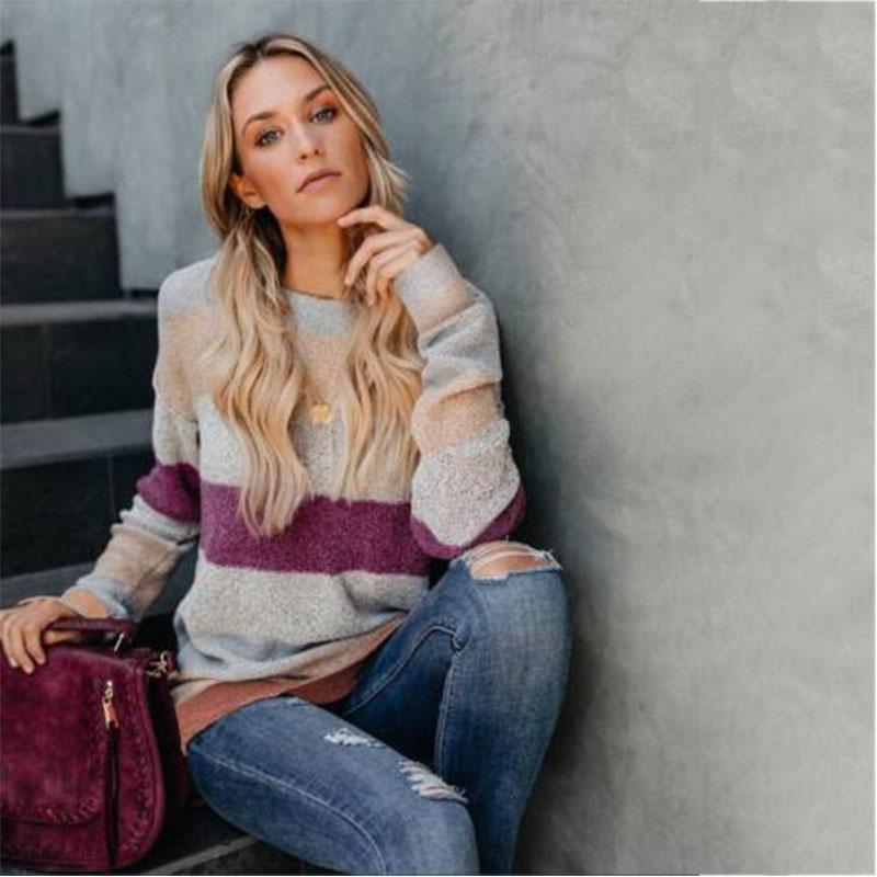 Women Winter Loose Striped Sweater Casual Stylish Pullover Perfect For Everyday Wear