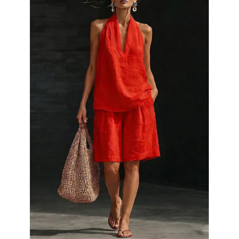 Women's V-neck Vest Shorts Holiday Casual Two-piece Set