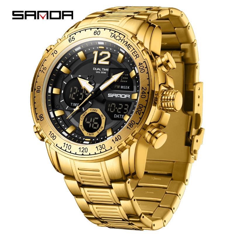Sanda Men's Dual Display Multifunction Steel Band Sport Waterproof Watch