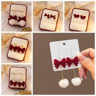 NEW Zinc Alloy Burgundy Flocking Bow Earrings Red Flocking Bow Dangle Earrings Jewelry Long Tassel Chain New Year Gift