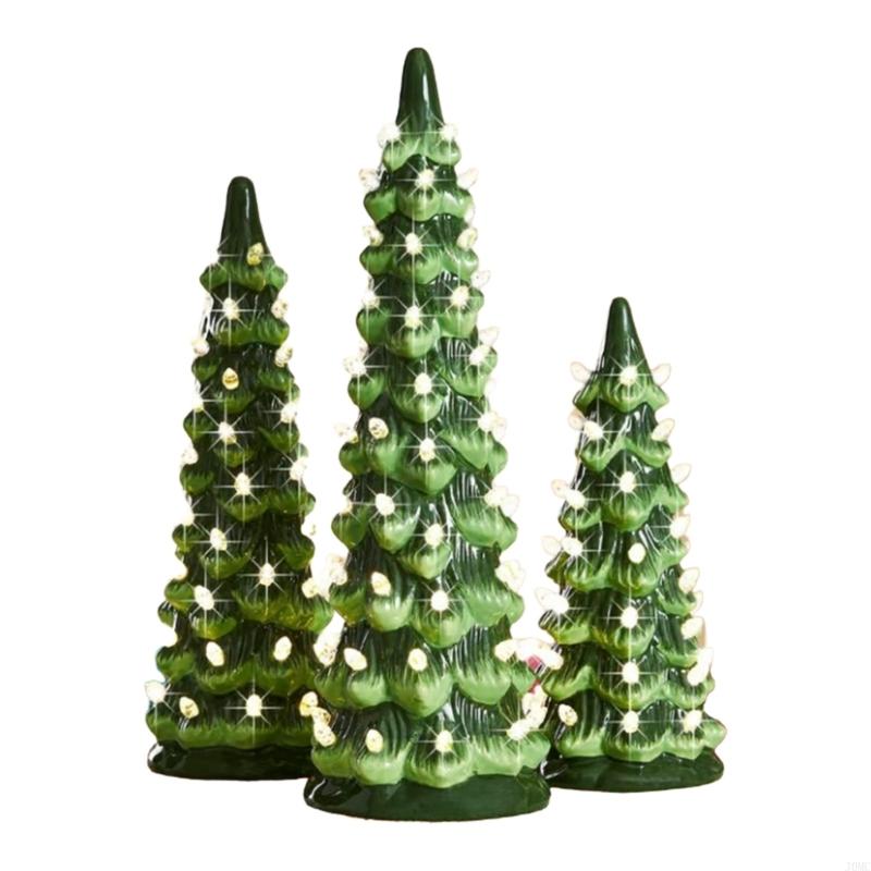 Ceramic Christmas Trees, Pre-Lit Hand-Painted Tabletop Holiday Decoration w/Multicolor Bulbs, LED Lights – Green J0MC