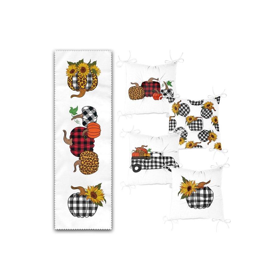 Chair Cushion Set / Digital Printed 4 Pieces 40×40cm Square Chair Pillows and 1 Piece Runner