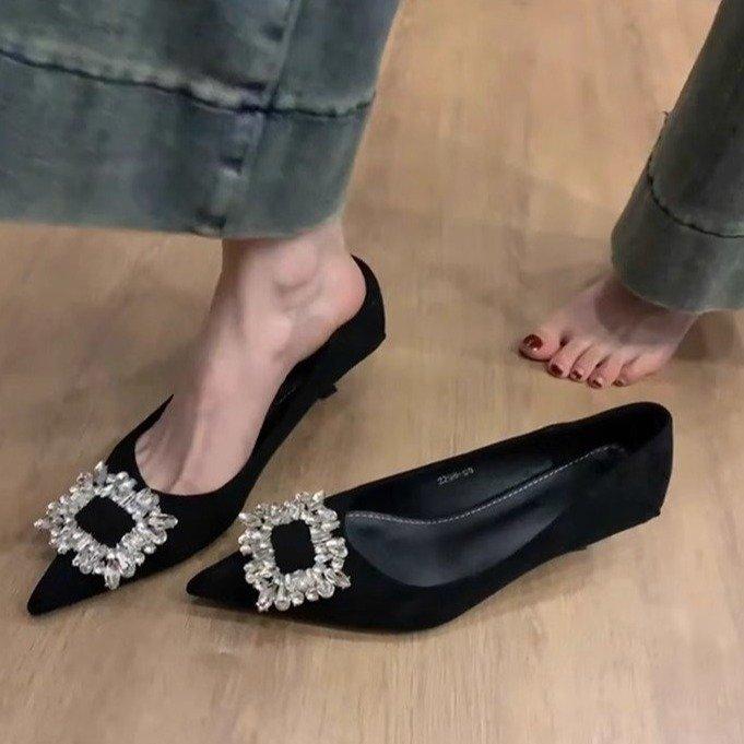 

Soft leather version~ pointed rhinestone square buckle low heel single shoes shallow mouth commuter shoes temperament French high heels bridesmaid sh 35
