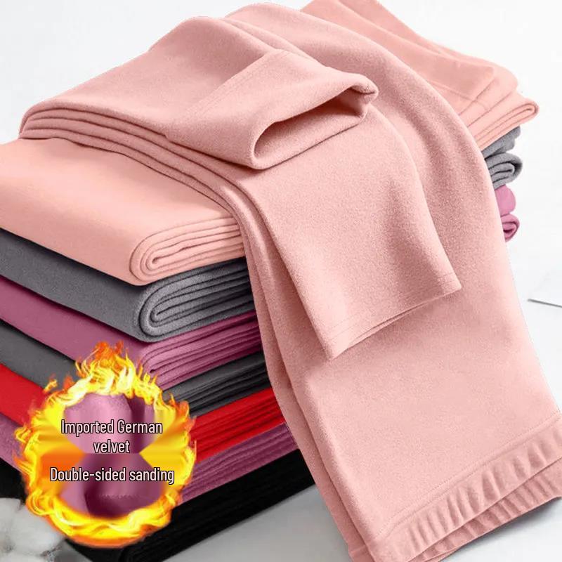 Damen Herbst- & Winter-Fleecehose: Vielseitige, dicke Baumwoll-Wolle Basis-Schicht, Koreanischer Stil, Studenten-Garn-Design, Für drinnen/draußen.