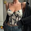 Canotta piccola da donna con coulisse in vita, con anello in acciaio a spina di pesce, scollo a V profondo, ricami in velluto, sensazione da anziana