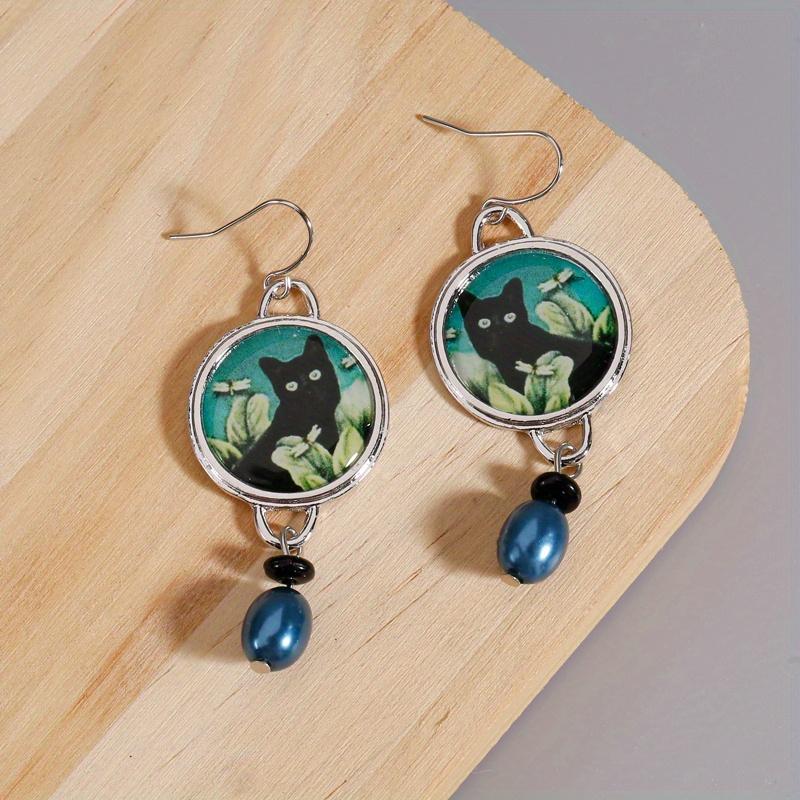 Elegant Vintage Black Cat Patterned Imitation Pearl Pendant Earrings for Women's Daily Party Pendant Jewelry Accessories